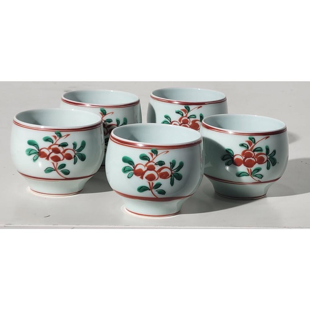 Asian Vintage Set of 5 Stackable Glazed Ceramic Sake, Tea Cups  EUC